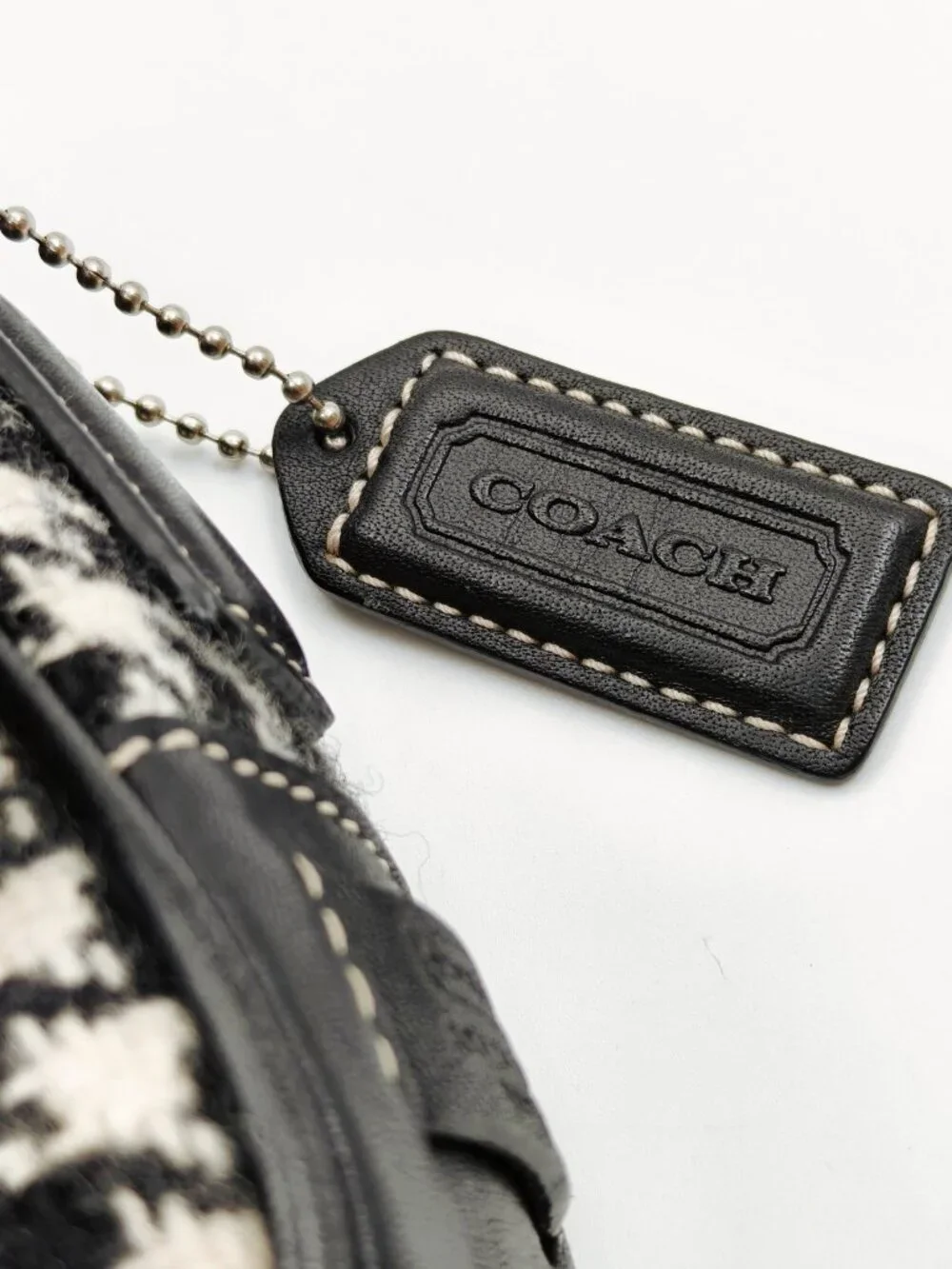 Coach Houndstooth Wool Leather Shoulder Bag Black White Handbag